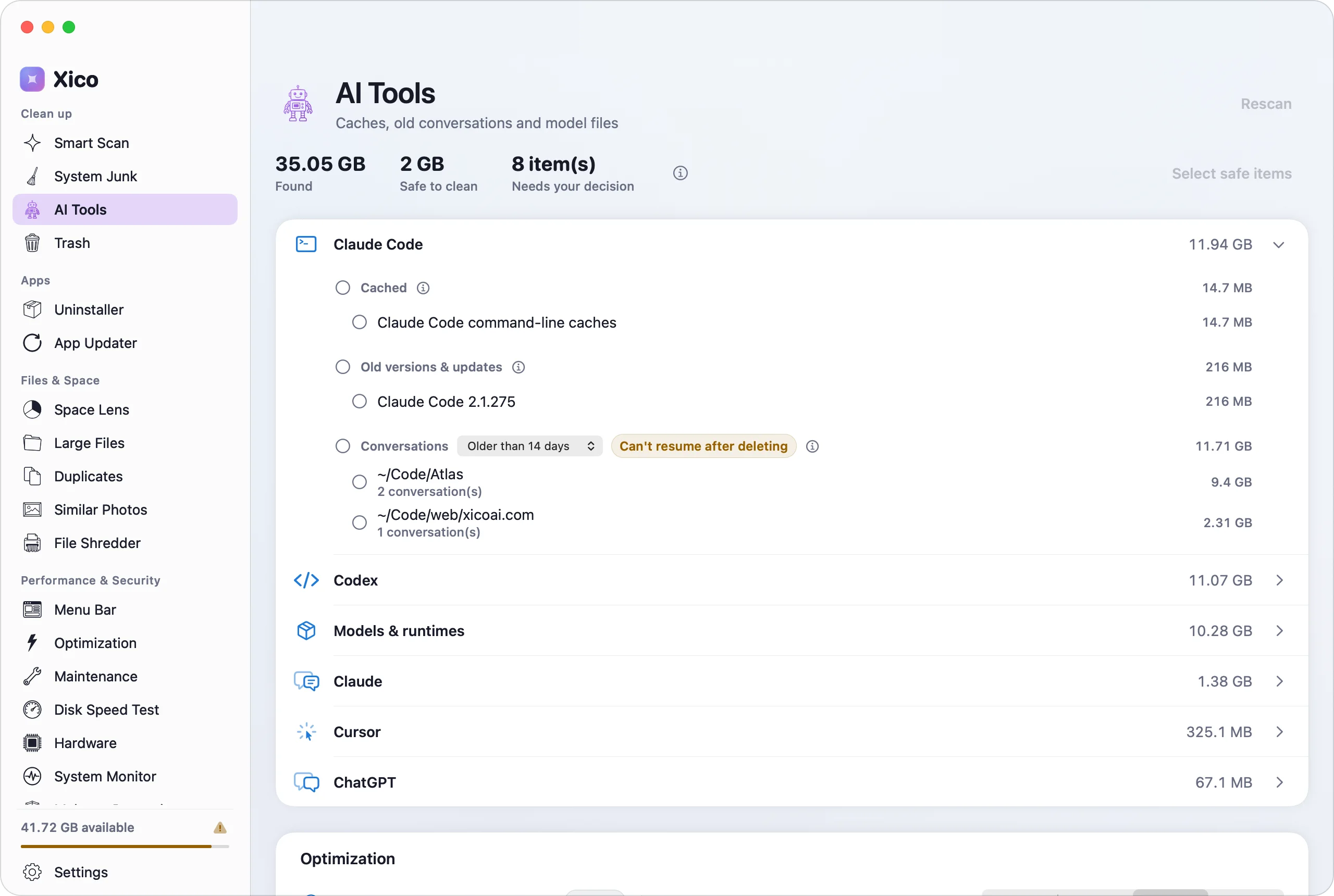The AI Tools page in Xico Clean, listing the space each tool’s caches, old versions and conversations take