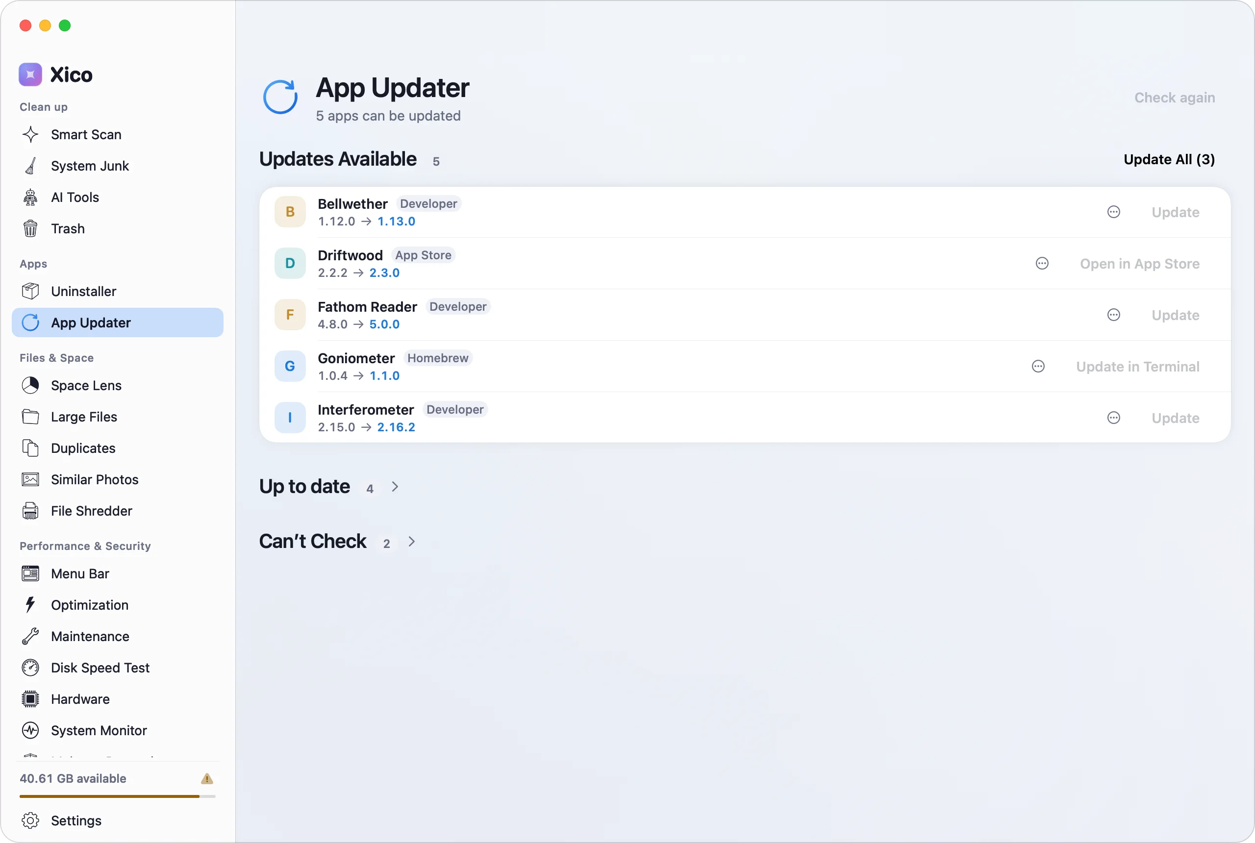 The App Updater lists apps with updates available