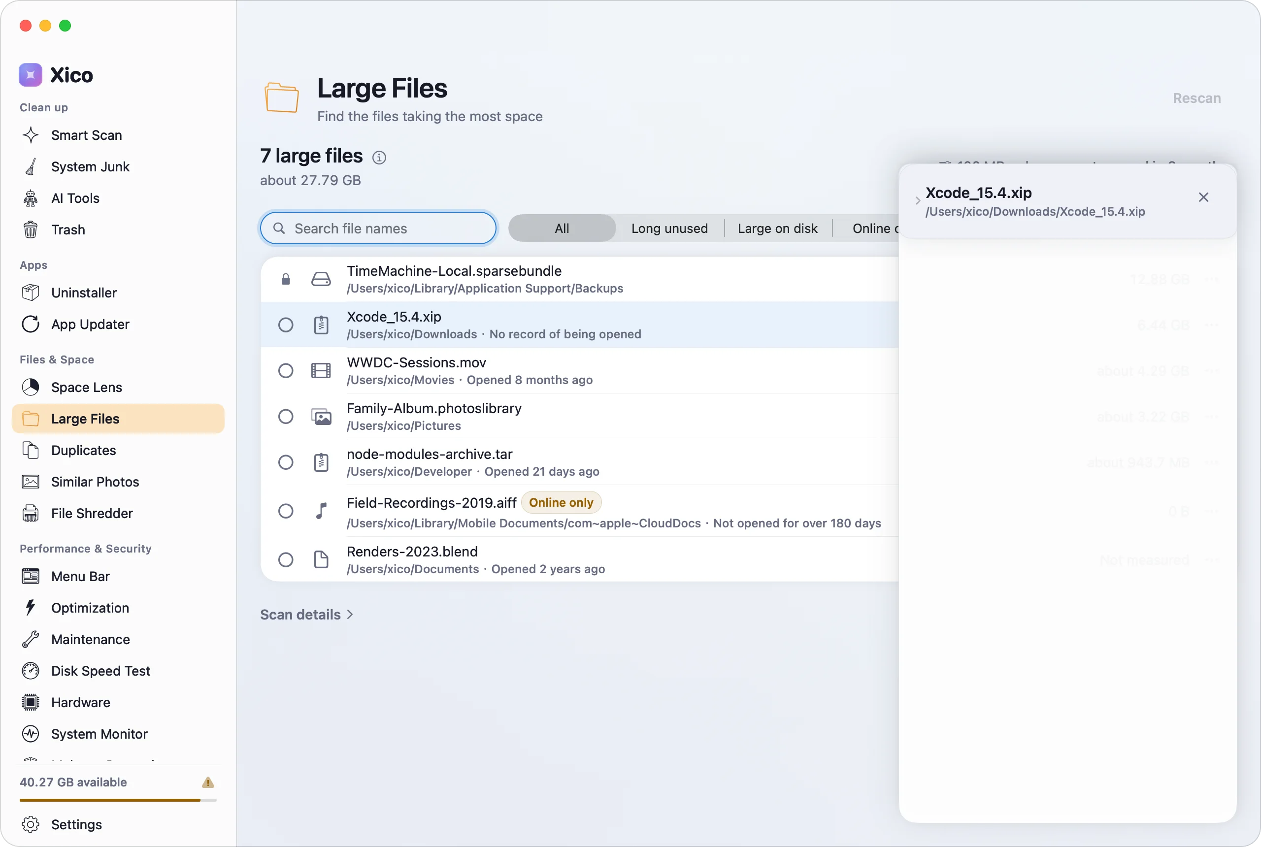 Large & Old Files finding an Xcode installer and a node_modules archive