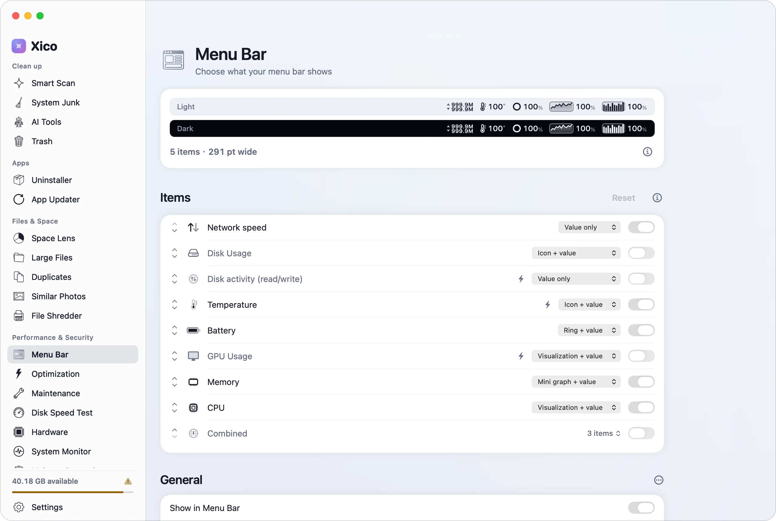 Menu bar settings