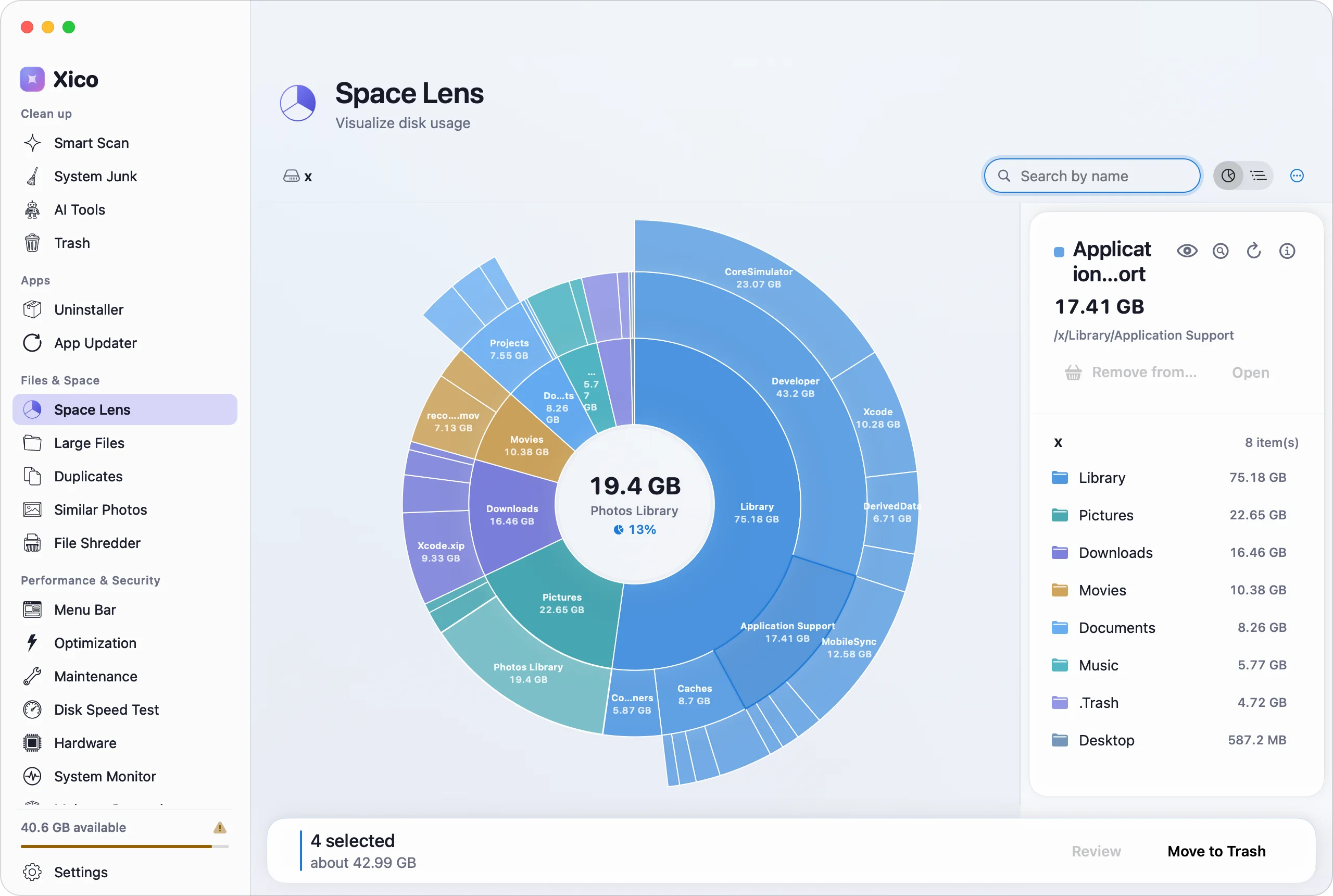 Space Lens shows how much space each folder uses in a sunburst chart