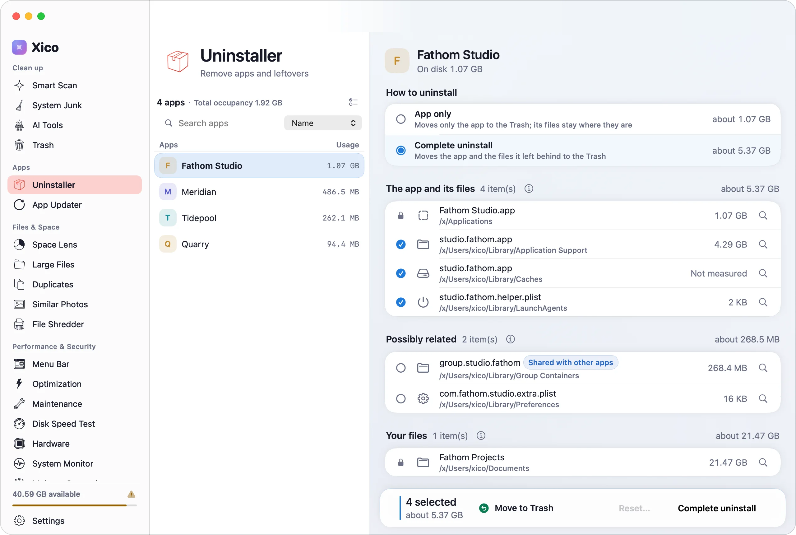 The Uninstaller lists every file that belongs to an app