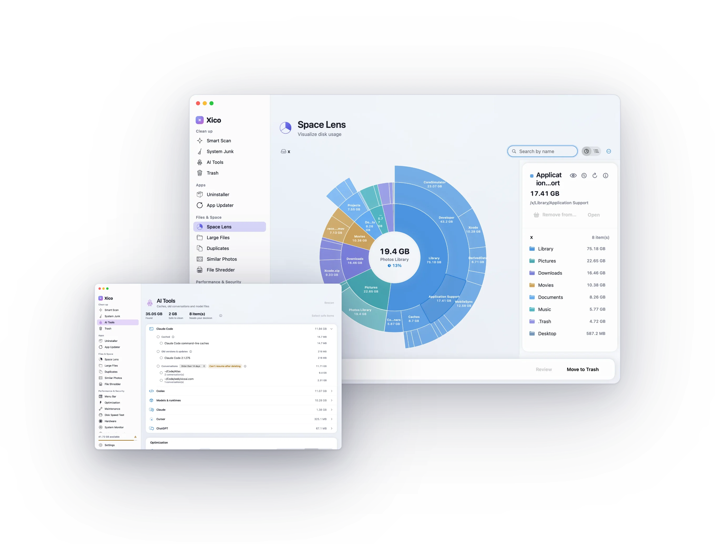 Xico Clean’s Space Lens mapping disk usage in a sunburst, with the AI Tools window in front